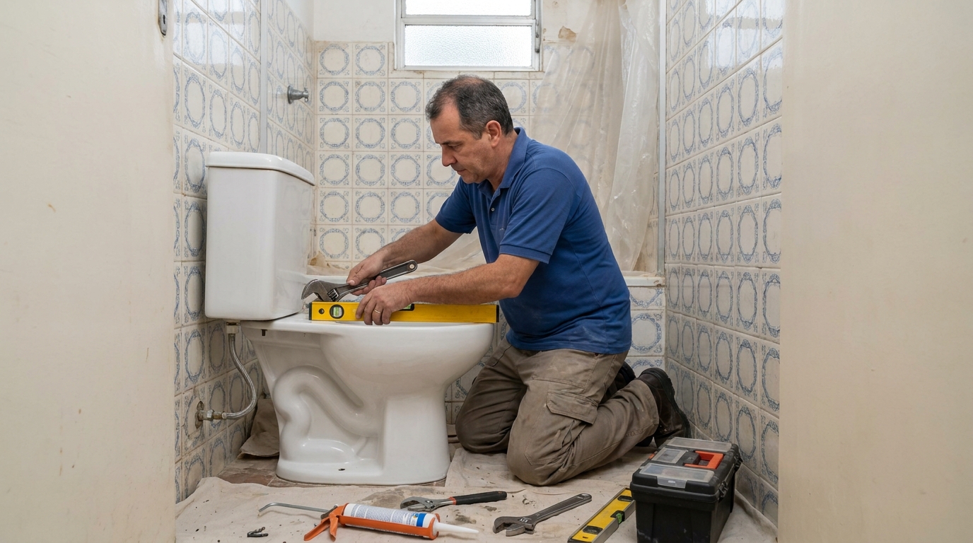 Técnico instalando vaso sanitário em Palmas‑TO